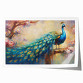 Elegant peacock design wall art print showcasing vibrant colors and intricate feather details, rolled for easy shipping and display in a contemporary home.
