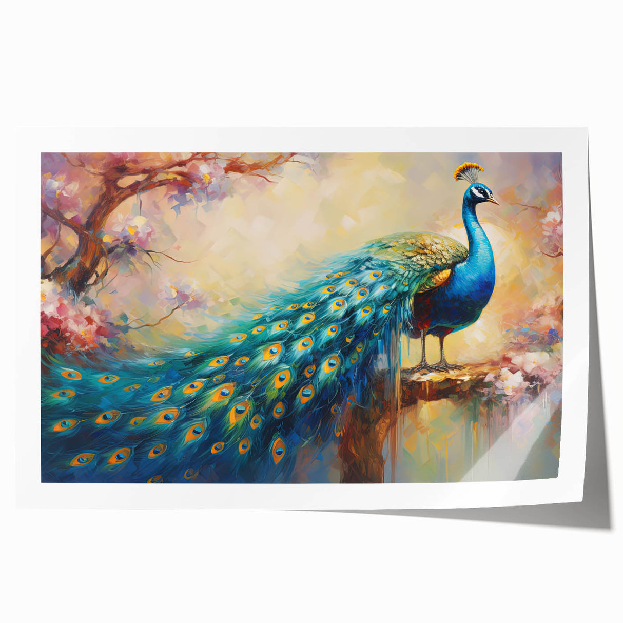 Elegant peacock design wall art print showcasing vibrant colors and intricate feather details, rolled for easy shipping and display in a contemporary home.