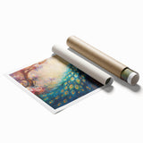 Colorful peacock design wall art print featuring intricate feather details and vibrant hues, rolled for easy display and shipment, ideal for home decor.