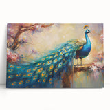 Vibrant peacock design canvas wall art collection showcasing rich blues and greens, elegantly leaning against a neutral wall, perfect for modern decor.