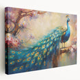 Stretched canvas wall art showcasing a vibrant peacock design with intricate details and rich colors, ideal for enhancing home decor and artistic ambiance.