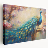 Stretched canvas wall art showcasing a vibrant peacock design with intricate details and rich colors, ideal for enhancing home decor and artistic ambiance.