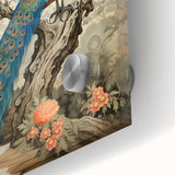 Close-up of vibrant peacock-themed wall art design on acrylic glass, showcasing intricate feather details and vivid colors, ideal for modern decor.