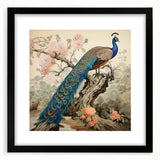 Black-framed wall art featuring a peacock design, showcasing vibrant colors and intricate details. Ideal for enhancing modern home decor with a touch of elegance.