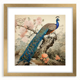 Elegant wall art frame showcasing a peacock design with intricate details, featuring a gold mat and a sleek front view, perfect for enhancing home decor.
