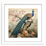 Framed wall art featuring an elegant peacock design, showcasing vibrant colors with a white mat and sleek frame, perfect for enhancing modern decor.