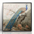Framed wall art showcasing a vibrant peacock design with intricate feather details, featuring a sleek black frame. Perfect for adding elegance to any decor.