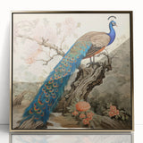 Framed wall art featuring a vibrant peacock design in rich gold tones, showcasing intricate feather details and an elegant acrylic finish, perfect for home decor.