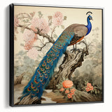 Elegant framed canvas wall art featuring a vibrant peacock design with intricate details and black framing, showcasing a stunning side view suitable for modern decor. Perfect for adding a touch of color and sophistication to any living space.