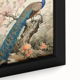 Close-up of a vibrant peacock design wall art collection, showcasing intricate feather details and rich colors, elegantly framed for stylish home decor.