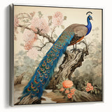 Framed canvas wall art featuring a vibrant peacock design, showcasing intricate details in blue and green hues, ideal for enhancing modern home decor.