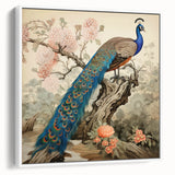 Framed wall art featuring a colorful peacock design on canvas, showcasing vibrant blues and greens, perfect for adding a touch of elegance to any room.