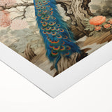 Vibrant rolled canvas wall art showcasing an intricate peacock design, featuring rich colors and detailed patterns, ideal for enhancing home decor aesthetics.