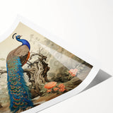 Vibrant peacock design wall art print showcasing intricate feather patterns in rich blues and greens, rolled for easy shipping and display. Perfect for home decor.