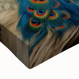 Close-up of a vibrant peacock-themed wall art design on stretched canvas, showcasing intricate details and rich colors, perfect for enhancing home decor.