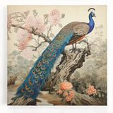 Vibrant peacock design stretched canvas wall art featuring intricate details and rich colors, perfect for enhancing modern home decor and artistic interiors.