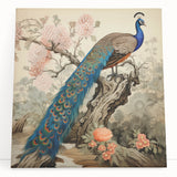 Vibrant peacock-themed wall art on stretched canvas, showcasing intricate feather details in rich blues and greens, perfect for enhancing living spaces.