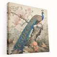 Stretched canvas wall art featuring a vibrant peacock design in rich blues and greens, showcasing intricate feather details and elegant composition. Ideal for adding a touch of nature-inspired elegance to home decor.