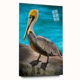 Side view of an elegant pelican design wall art piece, showcasing vibrant colors and intricate details, crafted from durable acrylic glass for modern decor.