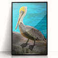 Framed acrylic wall art featuring a pelican design in black, showcasing intricate details and a modern aesthetic, ideal for coastal-themed decor.