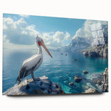 Side view of a pelican-themed wall art design, showcasing vibrant colors and intricate details on acrylic glass, ideal for enhancing modern home decor.