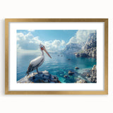 Elegant wall art featuring a gold-framed pelican design, showcasing intricate detailing and vibrant colors, perfect for coastal-themed decor. Ideal for enhancing home aesthetics with a touch of nature-inspired elegance.