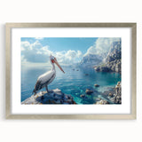 Silver-framed wall art featuring a pelican design, elegantly matted, showcasing intricate details and vibrant colors, perfect for coastal decor enthusiasts.