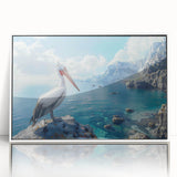 Framed wall art featuring a pelican design on a white background, showcasing intricate details and vibrant colors, perfect for coastal-themed decor.