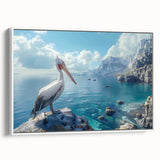 Framed canvas wall art featuring a side view of a pelican, showcasing intricate details and vibrant colors, perfect for coastal-themed decor and bird lovers.