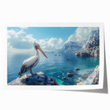 Vibrant pelican wall art print showcasing intricate design details, ideal for coastal-themed decor. Features rich colors and elegant imagery, rolled for easy display.