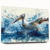 Side view of a pelican design wall art collection featuring vibrant colors and sleek acrylic glass finish, ideal for modern home decor. Perfect for bird lovers.