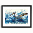 Pelican-themed wall art collection framed in black with a white mat, featuring a vibrant design showcasing colorful birds in a modern style, ideal for home decor.
