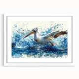 Framed wall art featuring a pelican design in soft pastel colors, set against a white background, perfect for coastal-themed decor and enhancing living spaces.