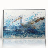 Framed acrylic wall art featuring a serene pelican design, elegantly displayed against a white background, perfect for coastal home decor. The artwork enhances any living space with its tranquil imagery and modern aesthetics.