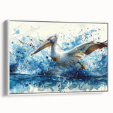 Framed wall art featuring a side view of a white pelican design on a textured canvas, ideal for coastal decor enthusiasts looking to enhance their living space.
