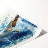 Pelican-themed wall art print showcasing vibrant hues of blue and orange, featuring a stylized design of a pelican, ideal for coastal decor enthusiasts.