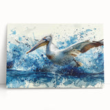 Stretched canvas wall art featuring a vibrant pelican design, showcasing intricate details and bold colors, perfect for coastal-themed decor.