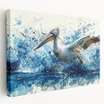 Stretched canvas wall art featuring a side view of a colorful pelican design, showcasing vibrant hues against a minimalist background, perfect for coastal decor.