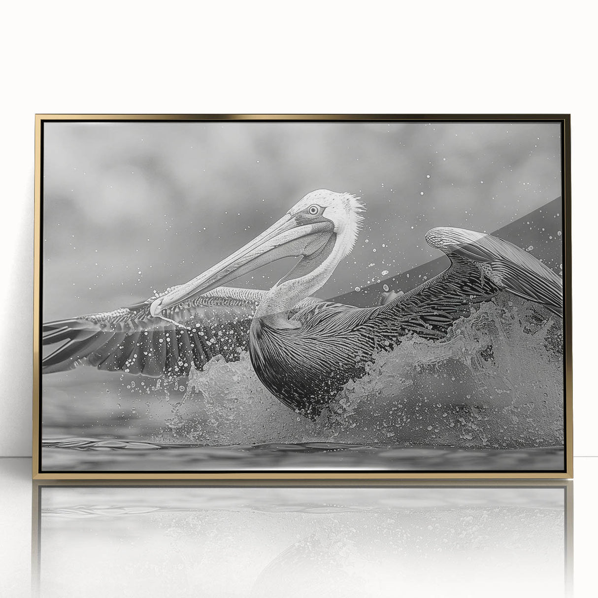 Framed wall art featuring a gold-accented pelican design, showcasing vibrant colors and intricate details, perfect for coastal-themed decor and art lovers.