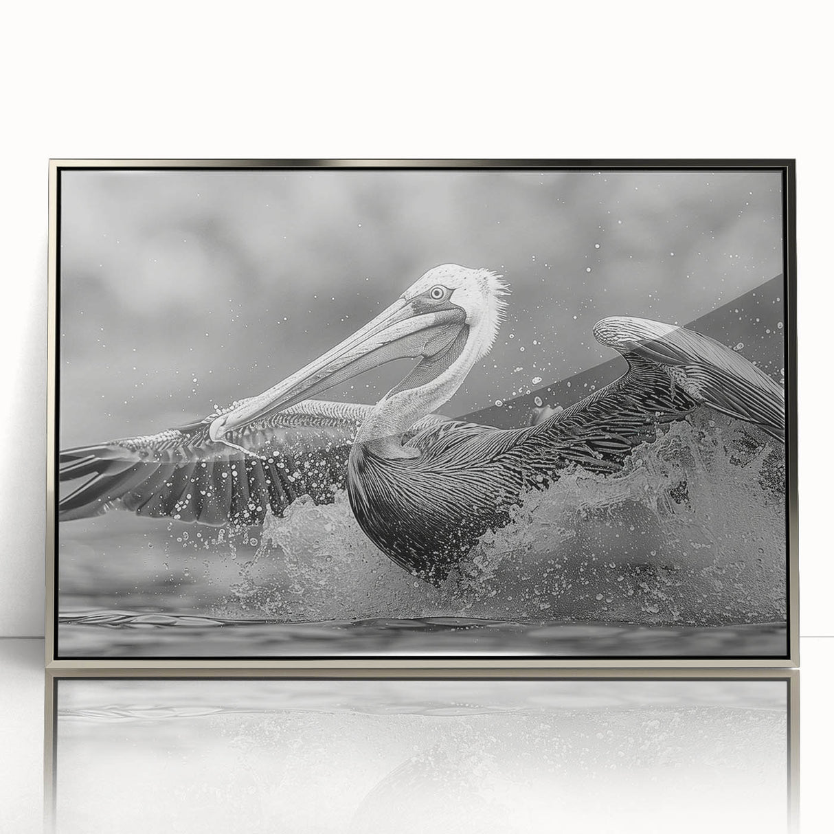 Framed wall art featuring a silver-accented pelican design with a sleek acrylic finish, ideal for enhancing coastal-themed decor in living spaces.