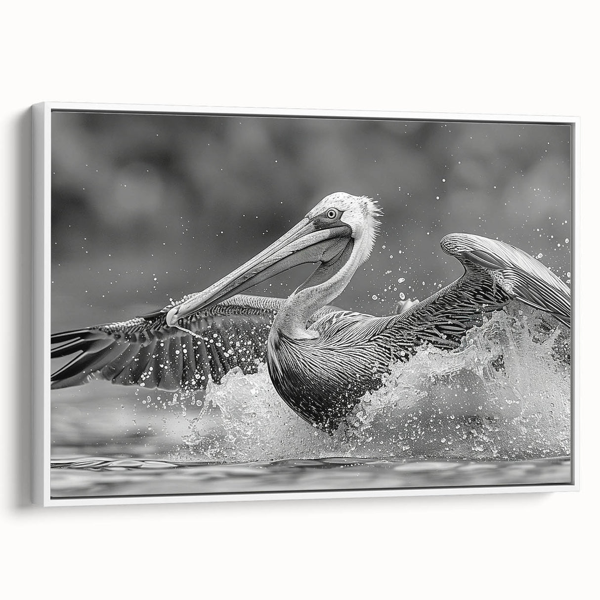 Framed wall art featuring a side view of a pelican design on a white canvas, showcasing soft colors and intricate details, ideal for coastal-themed decor.
