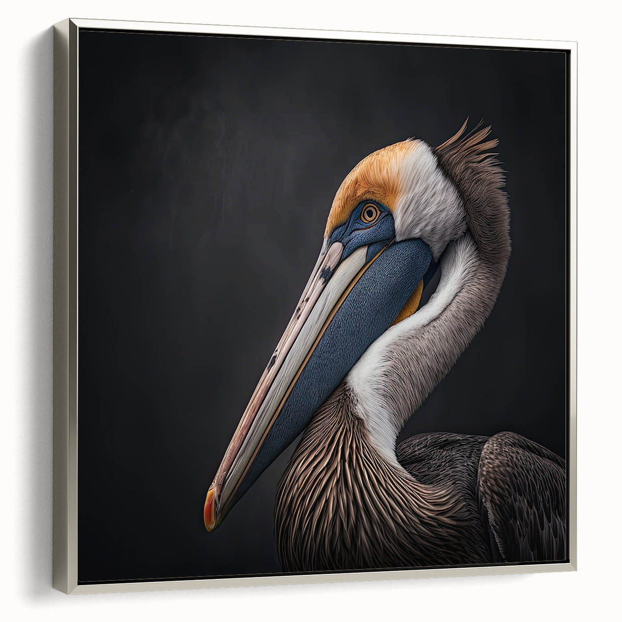 Framed canvas wall art featuring a side view of a silver pelican design, showcasing intricate details and vibrant colors, ideal for coastal-themed decor.