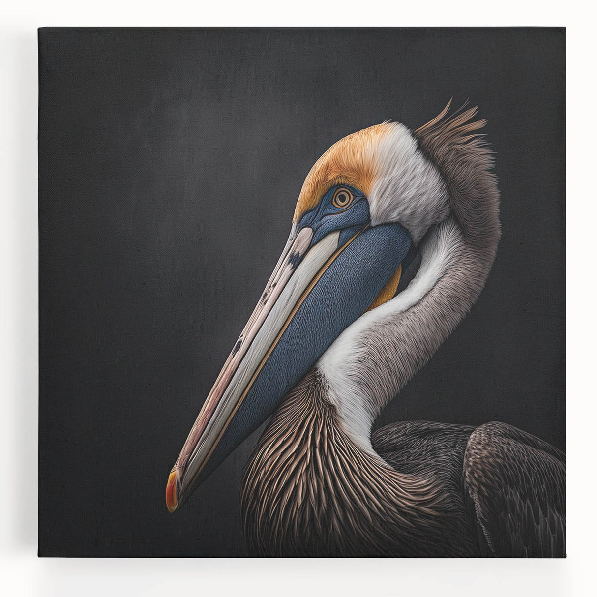 Stretched canvas wall art featuring a vibrant pelican design, showcasing intricate colors and textures, perfect for enhancing coastal home decor.