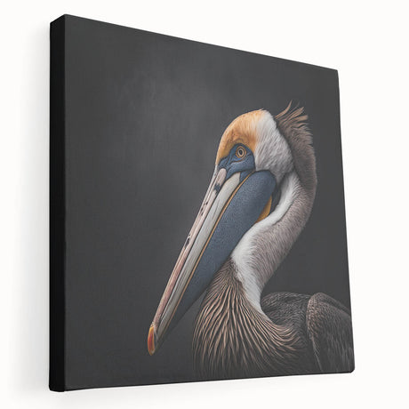 Stretched canvas wall art showcasing a side view of a colorful pelican design, featuring vibrant blues and yellows, perfect for coastal home decor.