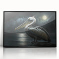 Framed wall art featuring a striking pelican design with vibrant colors, set in a sleek black frame, perfect for enhancing coastal-themed decor.