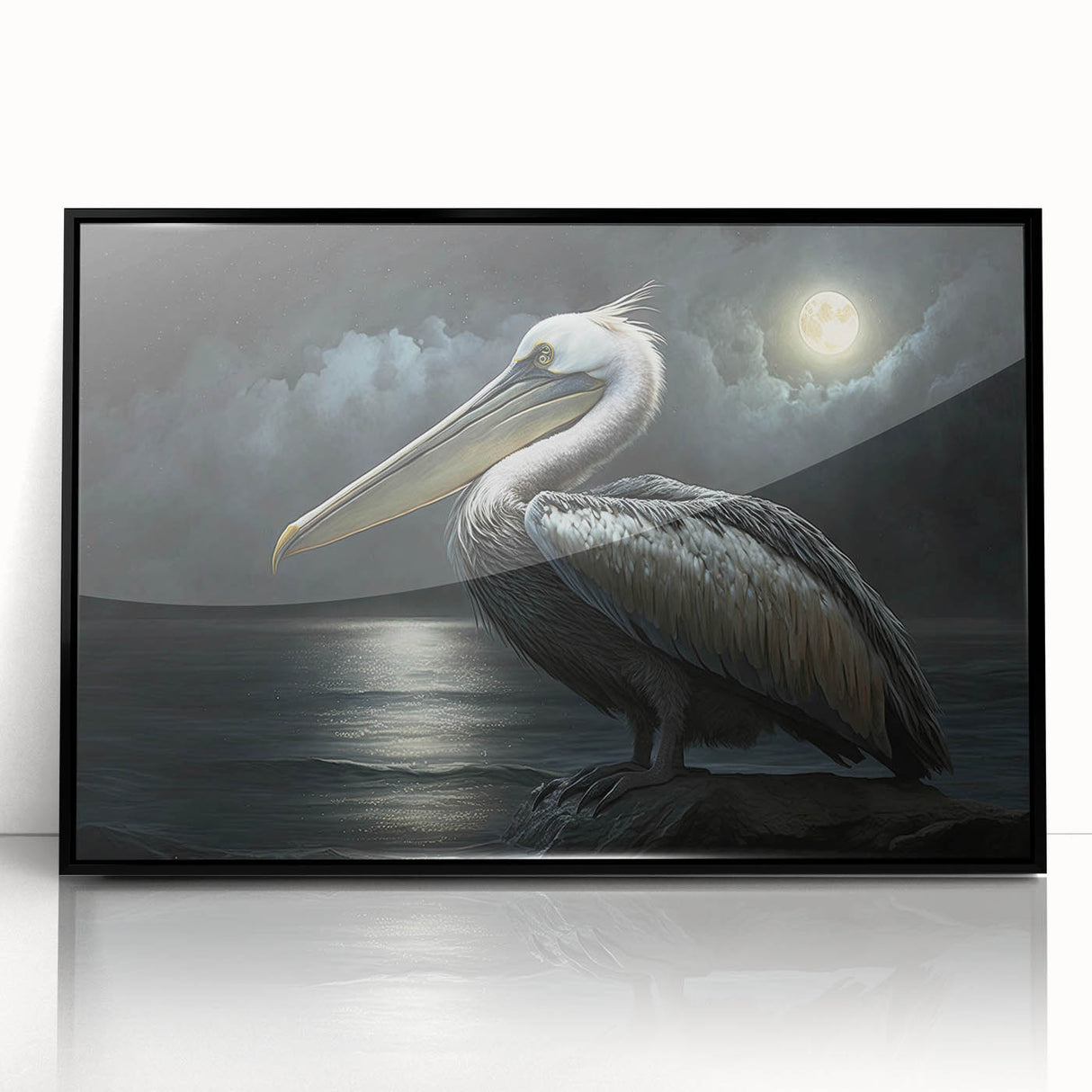 Framed wall art featuring a striking pelican design with vibrant colors, set in a sleek black frame, perfect for enhancing coastal-themed decor.