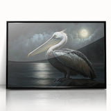 Framed wall art featuring a striking pelican design with vibrant colors, set in a sleek black frame, perfect for enhancing coastal-themed decor.