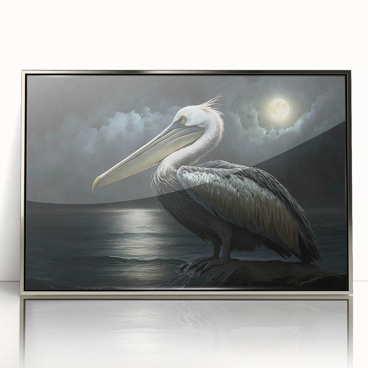 Framed acrylic wall art showcasing a silver pelican design, elegantly displayed with a modern aesthetic. Perfect for enhancing coastal-themed interiors and bird lovers' spaces.