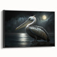 Framed wall art featuring a side view of a stylish pelican design on canvas, showcasing vibrant colors and intricate details, ideal for coastal decor enthusiasts.