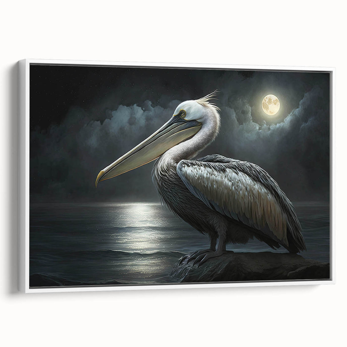 Framed canvas wall art showcasing a detailed pelican design, set against a white background, ideal for coastal-themed decor. Perfect for enhancing living spaces with a touch of nature.